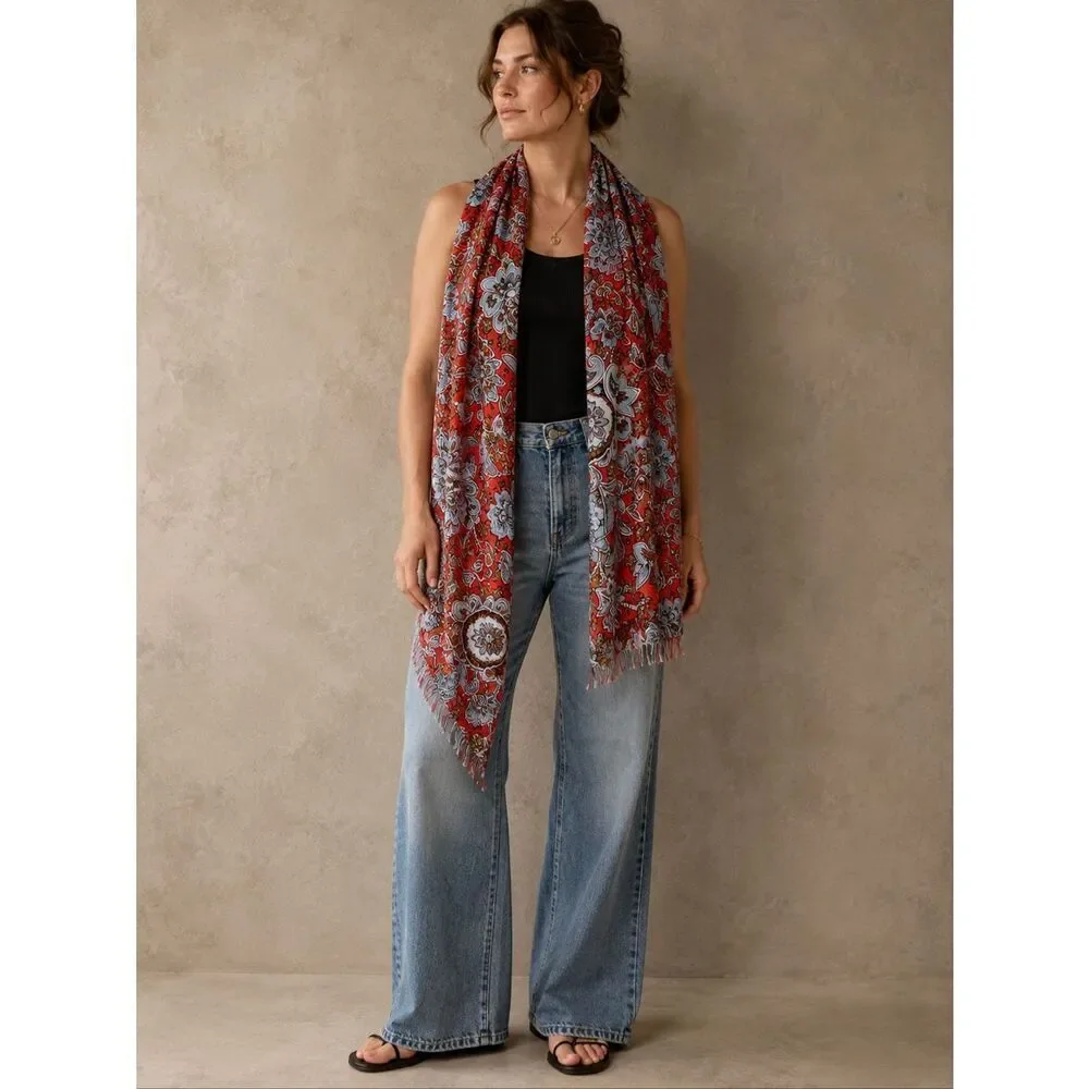 LOFT Floral Paisley Scarf Red Blue Lightweight Fringe Wrap Shawl 25.5x71